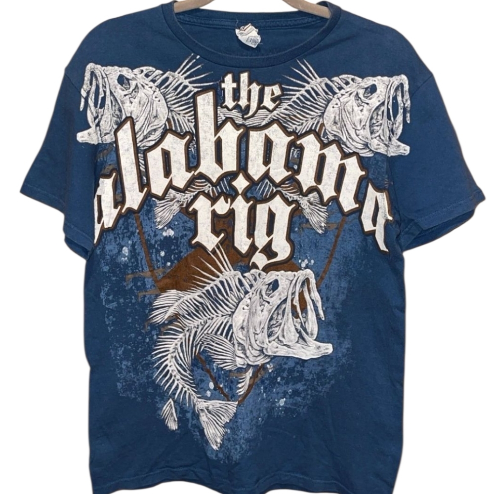 Vintage The Alabama Rig T Shirt Delta Blue Graphic Skull Fish Y2K Outdoors Large